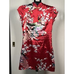 Red Cheongsam Dress - Floral Peacock Qipao - Mini - Size M (US Small)